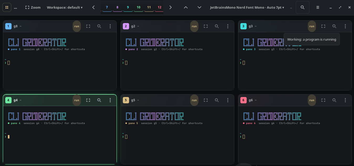 The Cli Griderator window on Pop!_OS: a toolbar with the workspace selector, pane tabs, and font selector above a grid of six terminal panes. Each pane has a numbered badge, a session name, and a run control; pane three shows a working indicator.