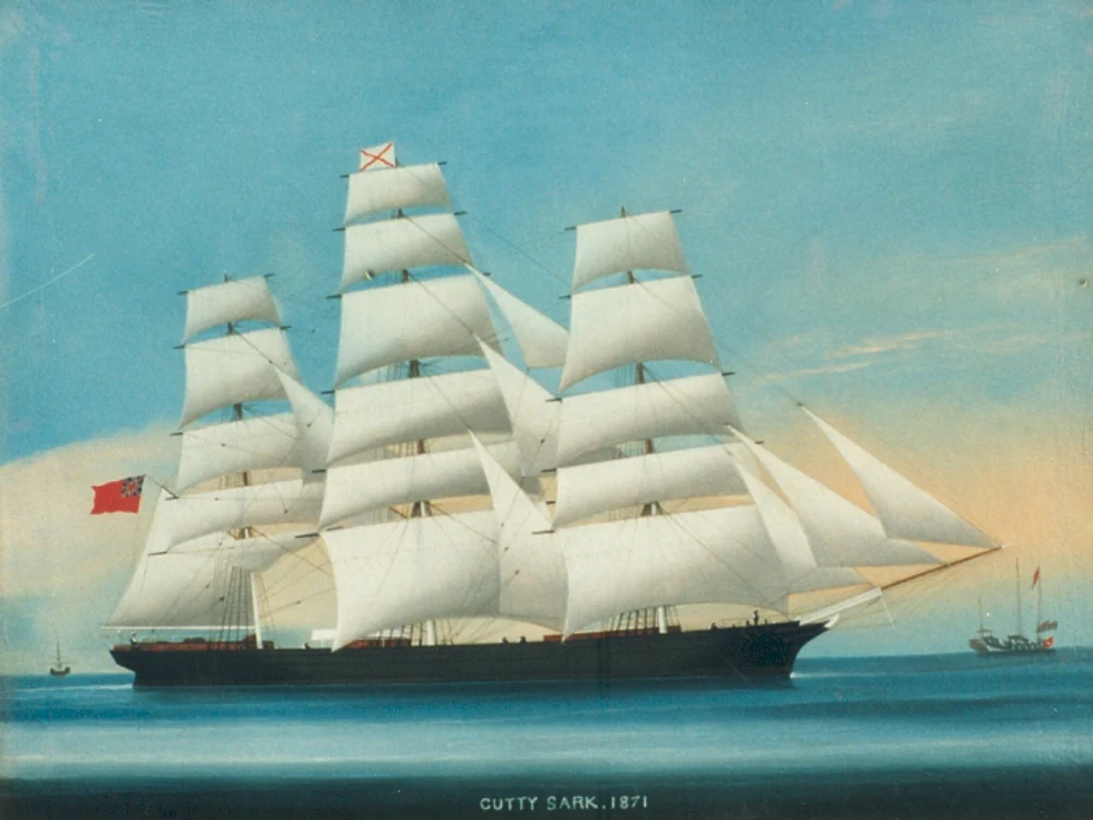 A period painting of Cutty Sark with white sails spread above a black hull on blue water.