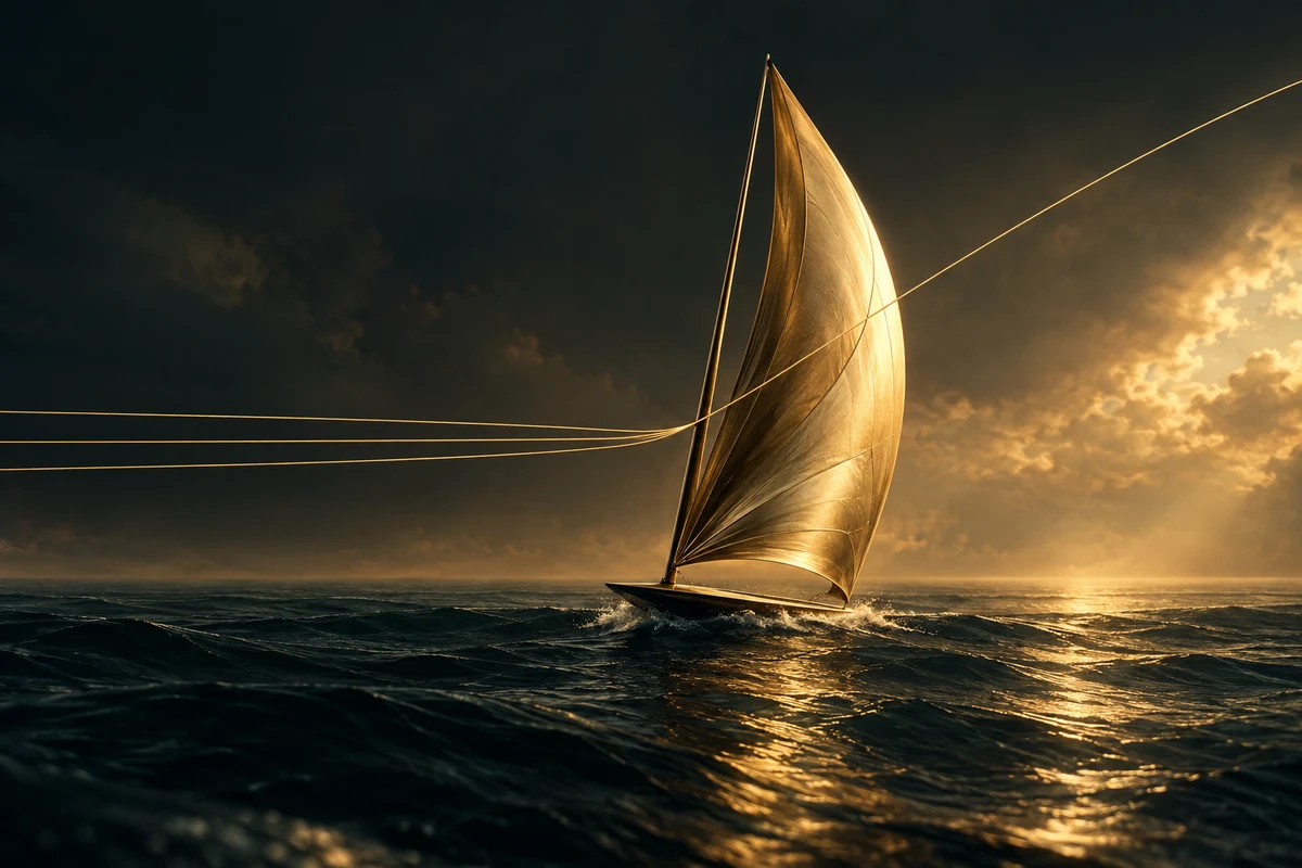A golden brass sail rises over dark teal water as three fine lines converge and lift into the wind