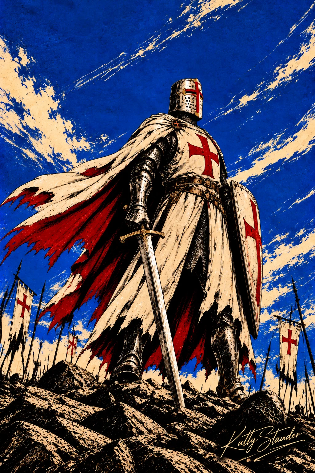 A Templar knight in a white cloak marked with a red cross, holding a sword and shield beneath a vivid blue sky.