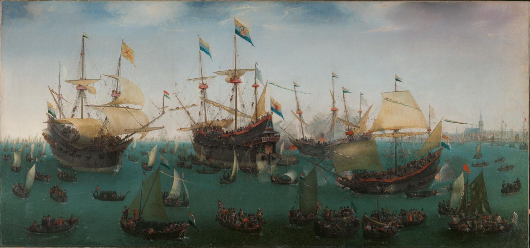 Sailing ships fill Amsterdam’s harbor in Vroom’s painting of the second East Indies expedition’s return in 1599.